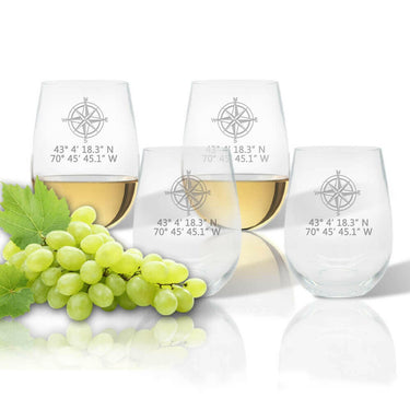 Latitude Longitude Stemless Wine, 5 Nautical Design Choices + GPS Coordinates, Unbreakable Acrylic Drinkware Sets New England Trading Co